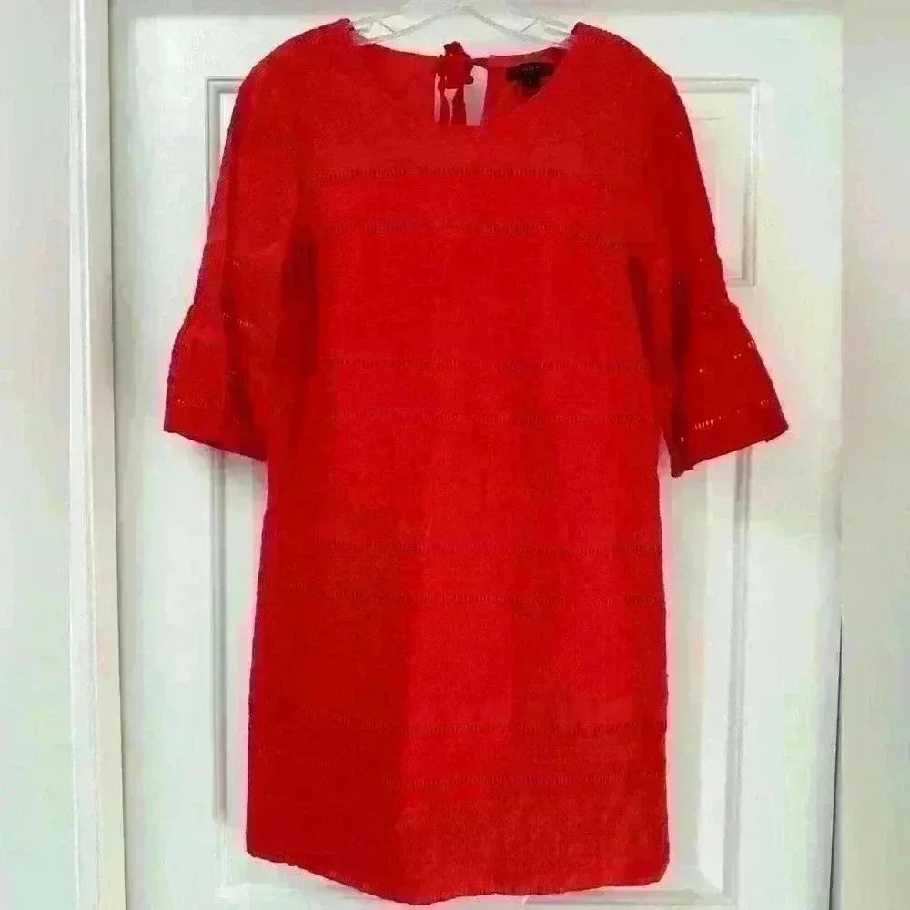 J Crew Flutter Sleeve Eyelet Shift 100% Cotton Dress Red‎ Size 2 Size Small